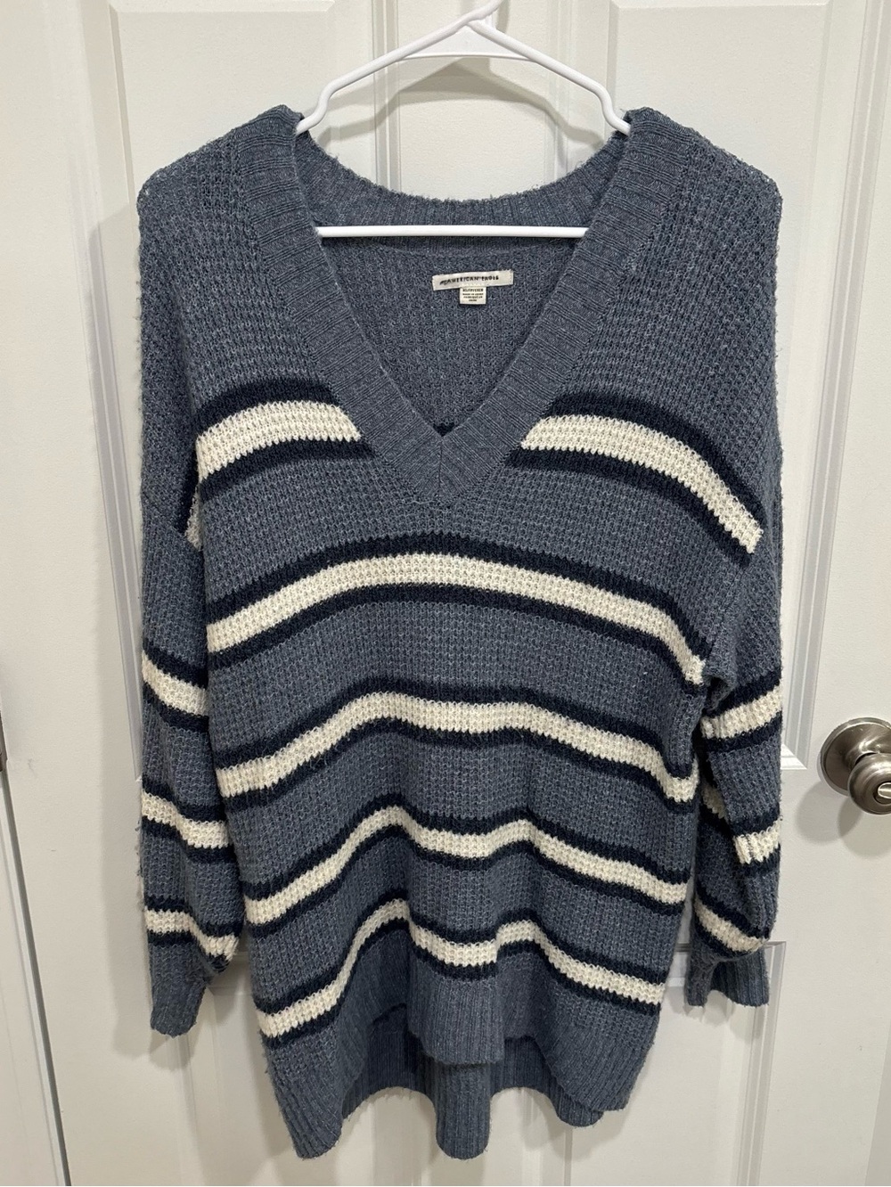 American Eagle Blue Striped V-Neck Oversized Sweater Womens U.S. XS